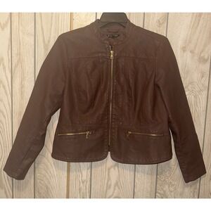 Baccini Brown Faux Leather Cardigan-style Jacket | Gold Zippers | Size L